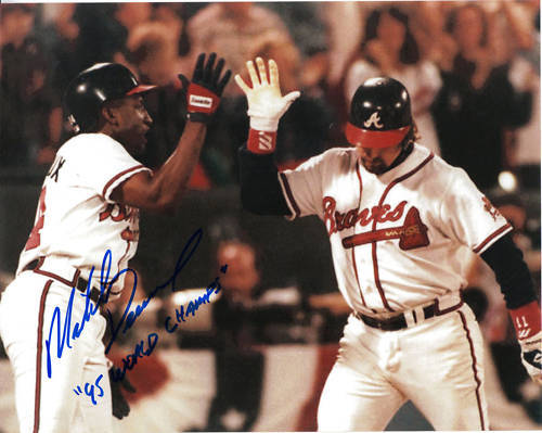 MIKE DEVEREAUX ATLANTA BRAVES 95 WORLD CHAMPS ACTION SIGNED 8x10 Photo Poster painting