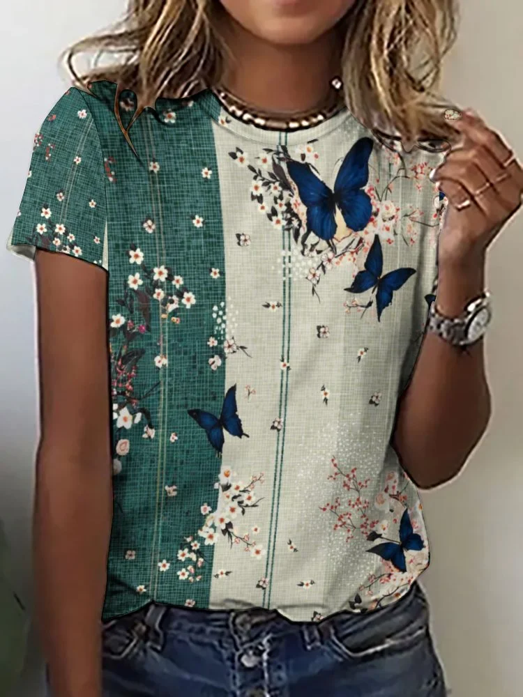Printed Short Sleeve Casual T-shirt for  Women and Men Unisex Pattern Floral,Pink,Green,Stitch