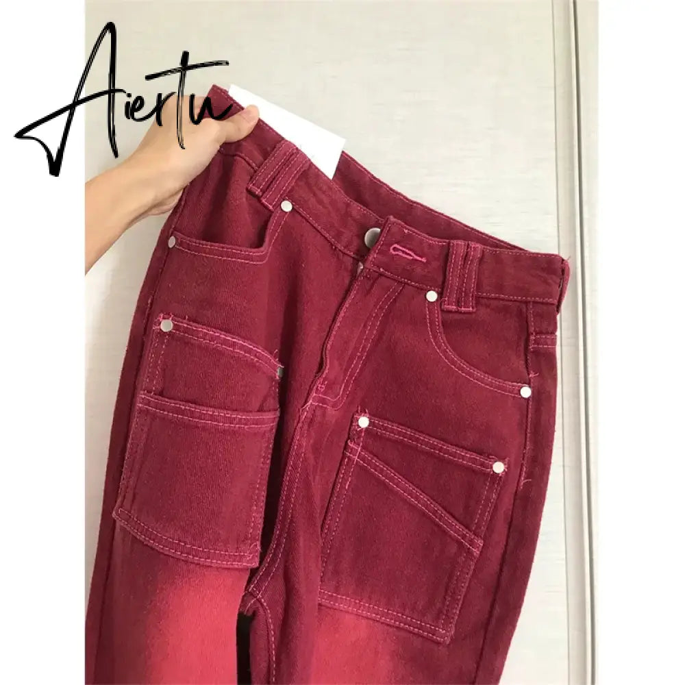 High Street Streetwear Baggy Jeans Women Denim Trousers High Waist Y2k Vintage Washed Distressed Wide Leg Mopping Red Pants Aiertu