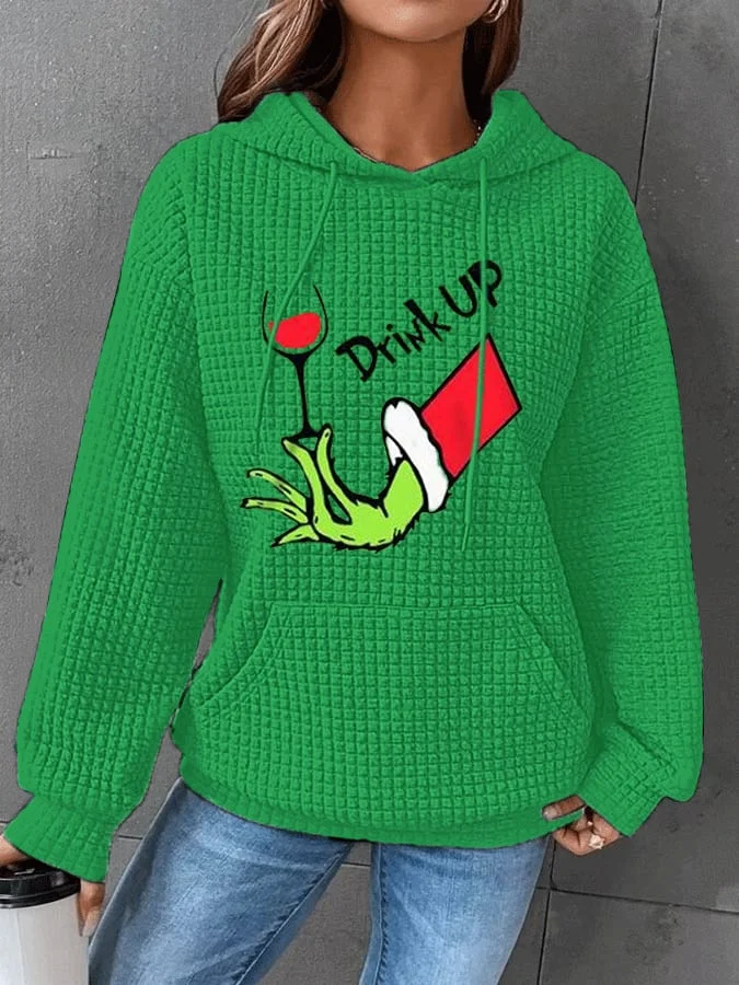 Women's Drink Up Wine Glass Print Waffle Hoodie