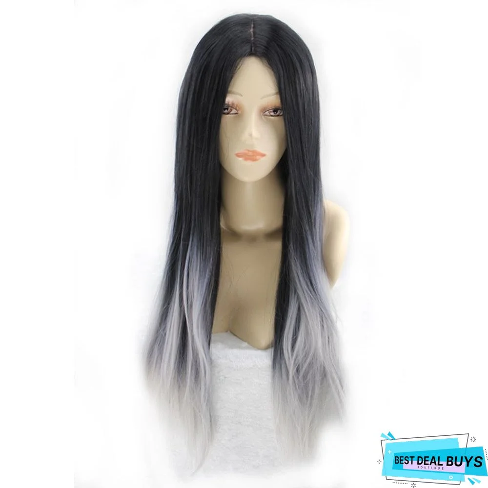 Black-Gray Gradient Medium-Long Hair Wig In Fake Headgear