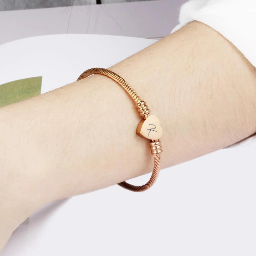 Personalized Heart Charm With Initial Letter Bangle Bracelet