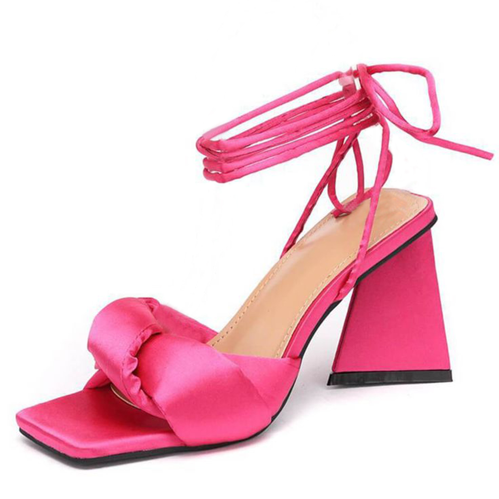 Pink Satin Square Toe 4'' Chunky Heel Lace Up Sandals with Knot Nicepairs