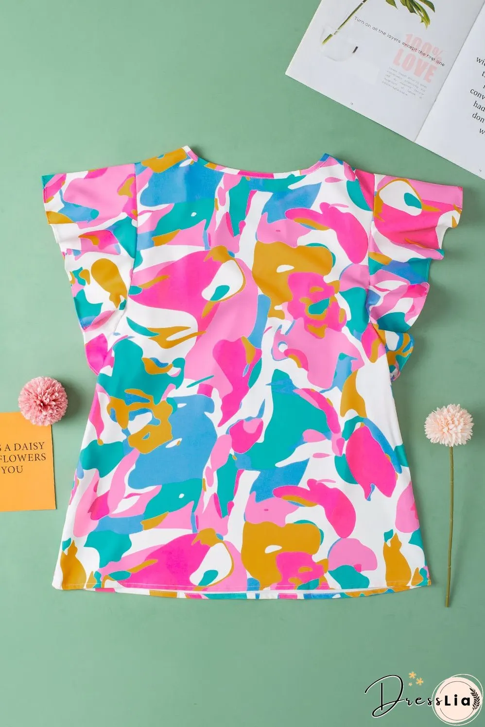 Abstract Print Notched Neck Flutter Sleeve Blouse