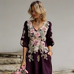 Bohemian Style Plant Flower And Butterfly Pattern Embroidery Women's Cotton And Linen Dress - Image 8