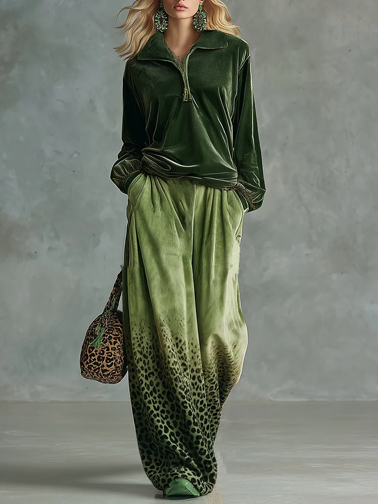 【24-hour shipping out】Trendy Retro Sporty Green Velvet Top And Leopard Print Wide-leg Pants Set