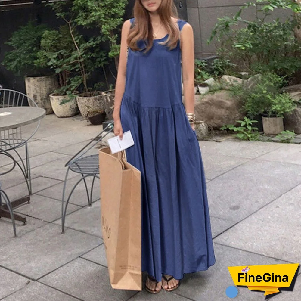 Women Sleeveless Casual Party Holiday Long Shirt Dress O Neck Denim Tank Maxi Sundress