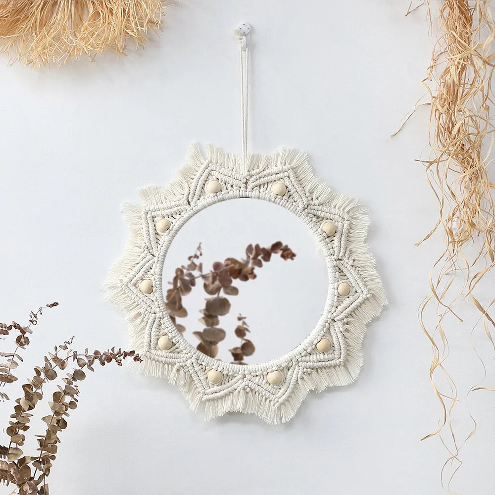 Boho Macrame Round Mirror Decorative Mirrors Aesthetic Room Decor Hanging Wall Mirror for Bedroom Living Room House Decoration