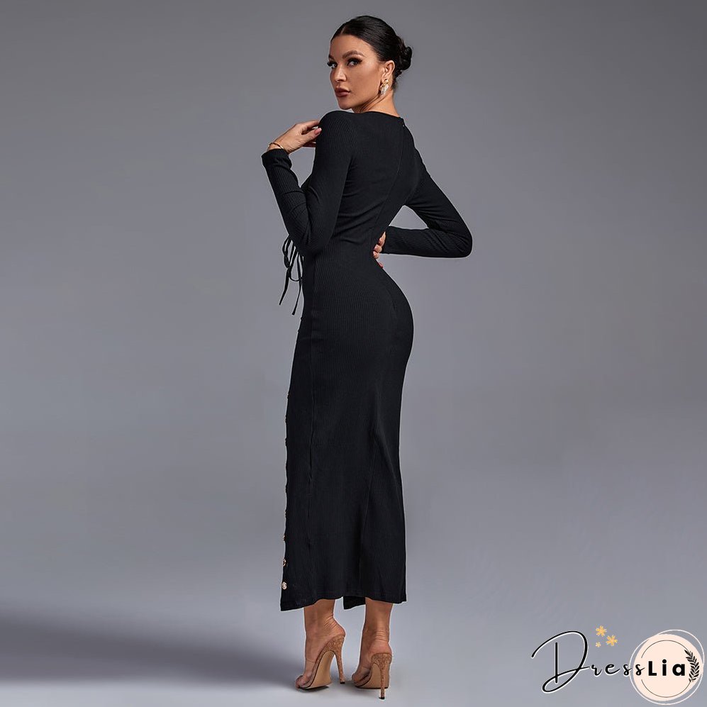 Round Neck Long Sleeve Lace Up Over Knee Bodycon Dress FSP19270