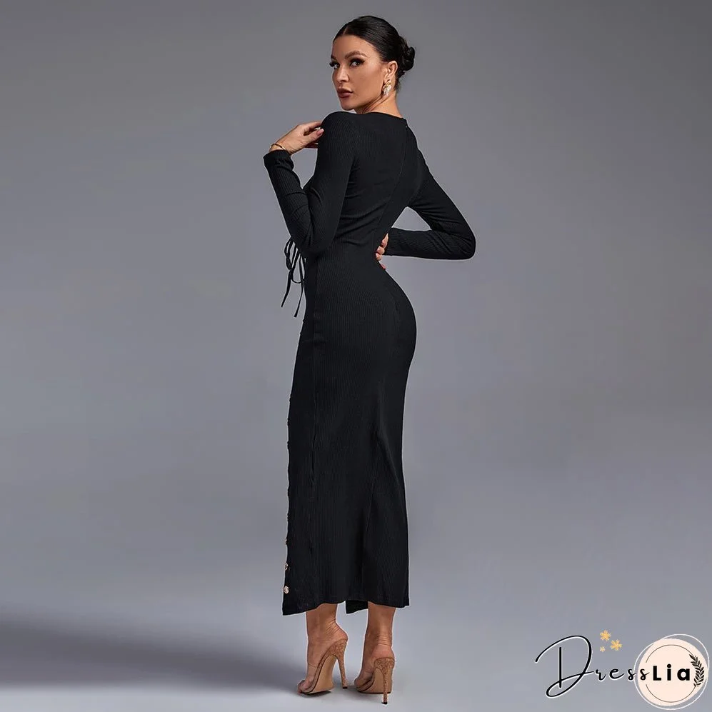 Round Neck Long Sleeve Lace Up Over Knee Bodycon Dress FSP19270