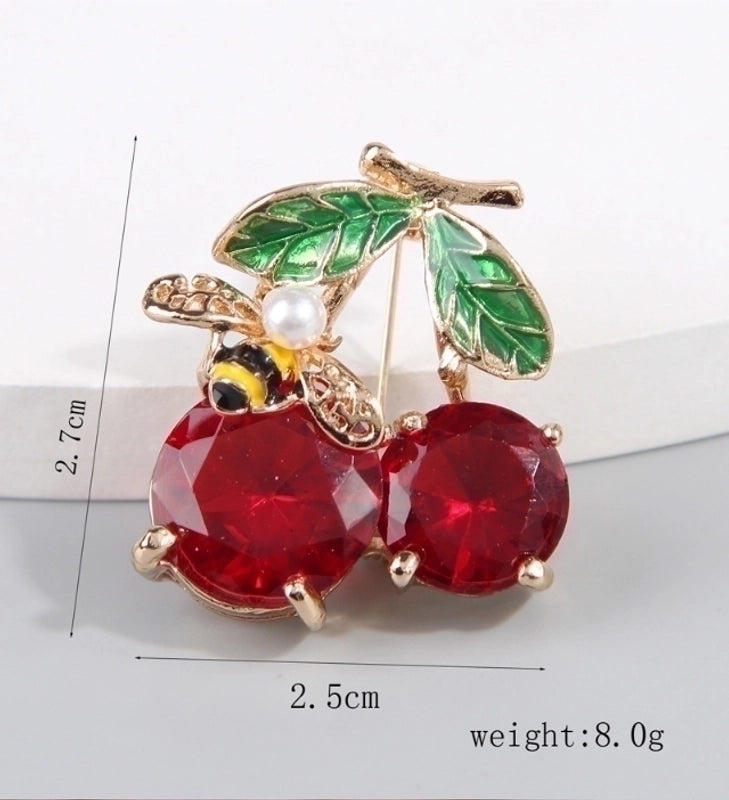 Elegant Sweet Cherry Bee Alloy Inlay Glass Women’s Brooches 1 Piece
