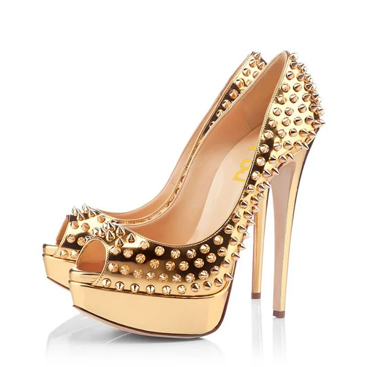 Golden Rivets Stiletto Heels Platform Stripper Heels Shoes |FSJ Shoes