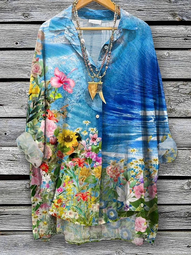Women's Spring Flowers Ocean Art Print Casual Cotton And Linen Shirt