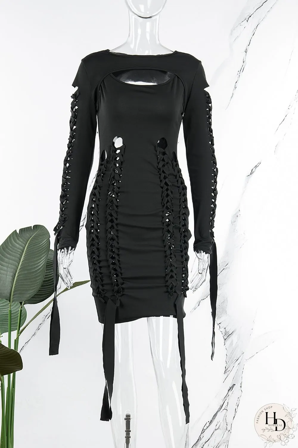 Rose Red Sexy Casual Solid Hollowed Out O Neck Long Sleeve Dresses