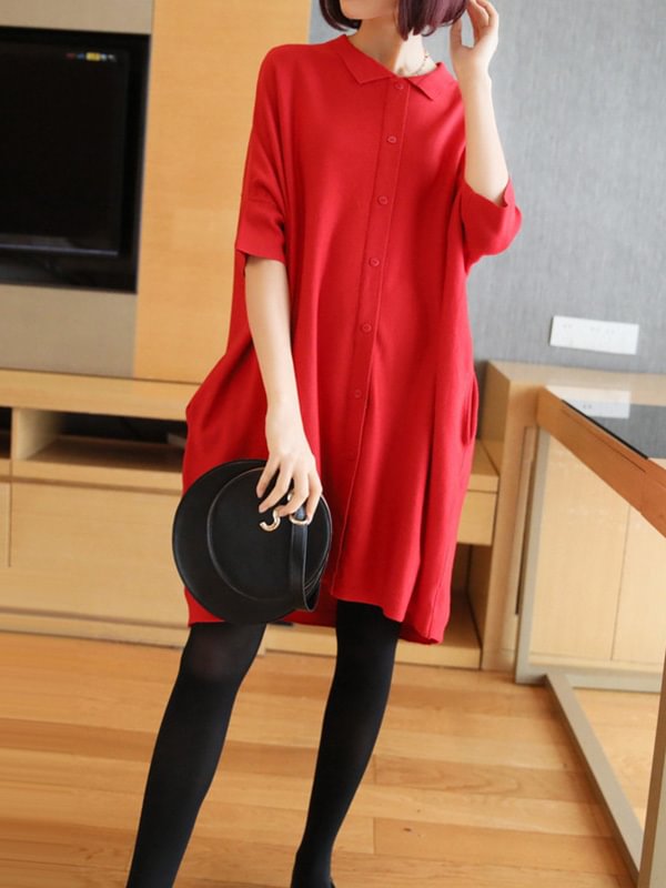 Simple Solid Lapel Sweater Dress