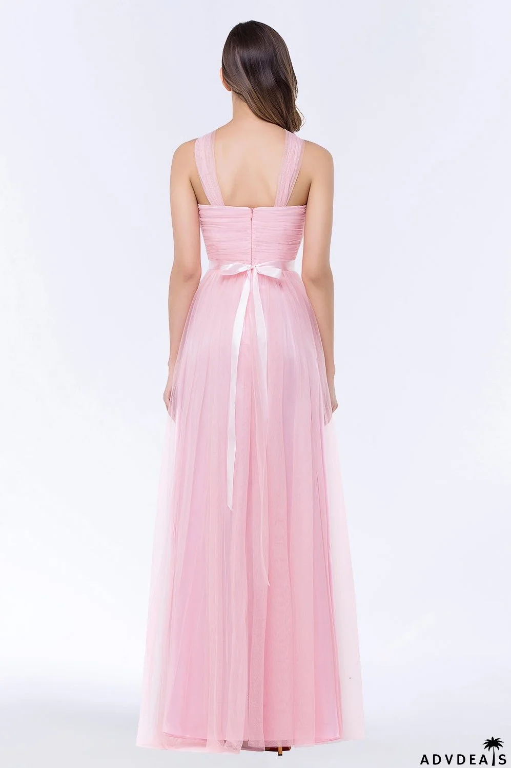 Chic Tulle Ruffle Halter Sleeveless Pearls Bridesmaid Dresses with Sash