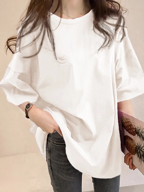 Casual Loose Puff Sleeve Round-Neck T-Shirts Tops