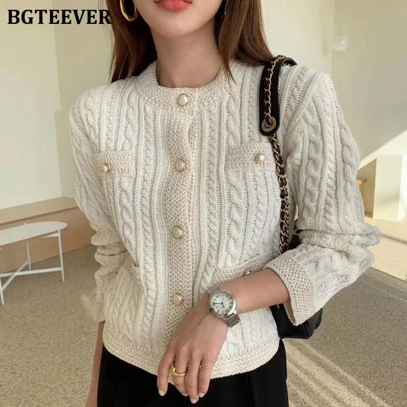 BGTEEVER Elegant Women O-neck Knitted Cardigans Single-breasted Slim Twisted Sweater Female 2020 Autumn O-neck Outwear Tops