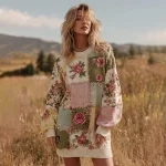 Women's Floral Patchwork Art Cozy Knit Mini Sweater Dress - Image 2