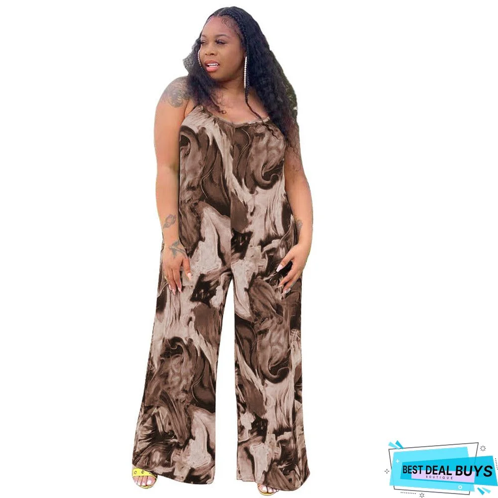 Abstract Printing Sling Polyester Fiber Loose Casual Long Plus Size Women's Jumpsuit