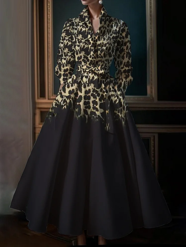 Ursime Retro Leopard Pattern Stand Collar A-line Maxi Dress