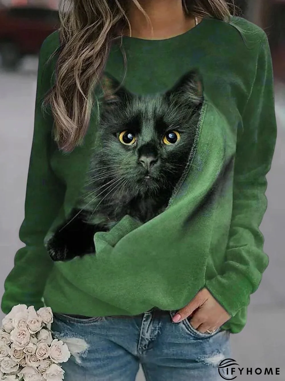 Cat Crew Neck Raglan Sleeve Casual Sweatshirt | IFYHOME