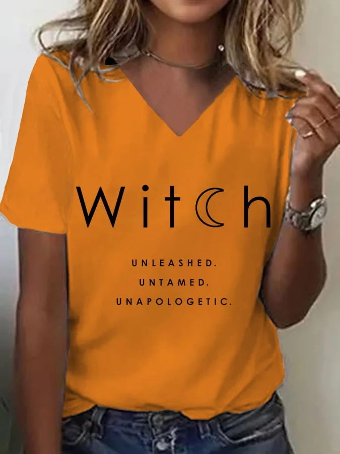 Women's Witch Unleashed Untamed Unapologetic Print V Neck T-shirt