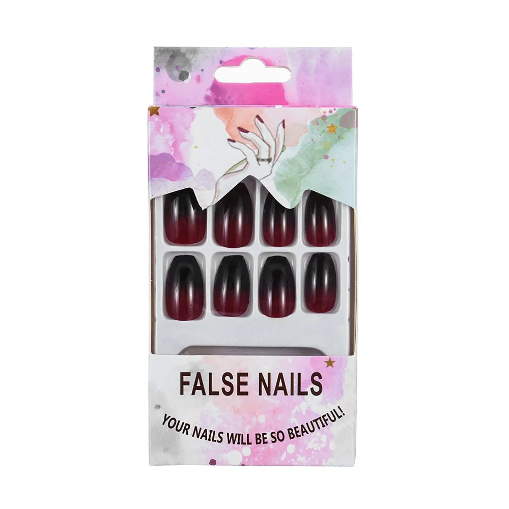 24Pcs/Set European Long Coffin Fake Nails Pre-design Black Red Gradient Ballerina Artificial Nail Art Tips False Nails with Glue-Nail Inspo