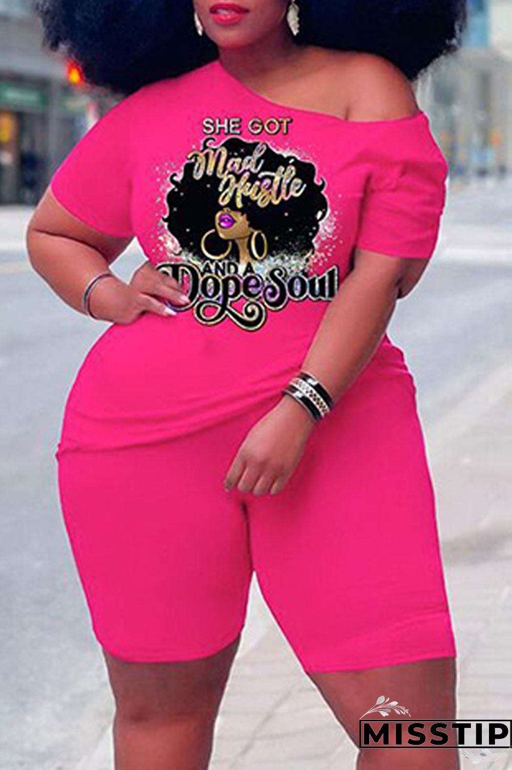 Orange Casual Print Basic Oblique Collar Plus Size Two Pieces