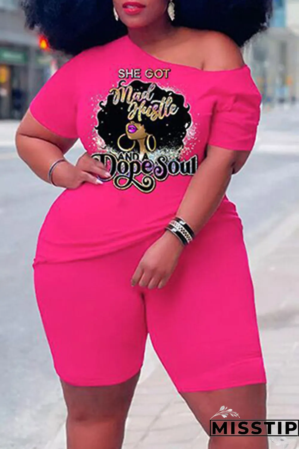 Orange Casual Print Basic Oblique Collar Plus Size Two Pieces