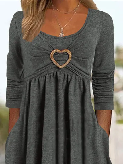 Women's Plain Regular Fit Crew Neck Pockets Casual Midi Dress