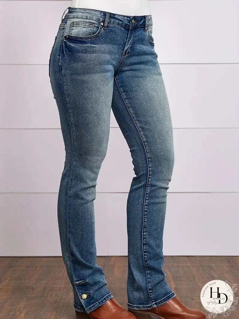 Vintage Embroidered Patchwork Bootcut Button Side Split Denim Jeans