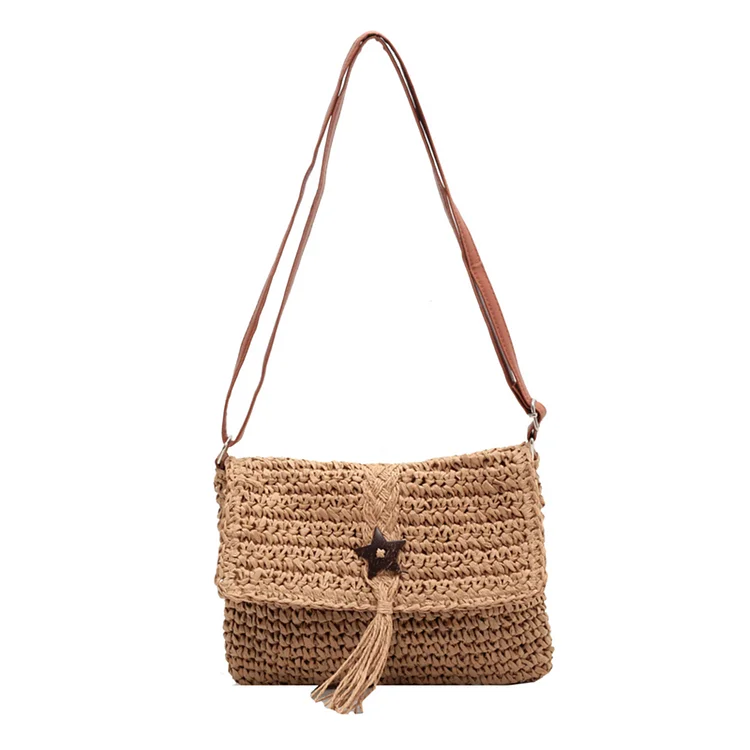 Fashion Casual Straw Crossbody Bag Tassel Star Summer Beach Hand Woven Bag
