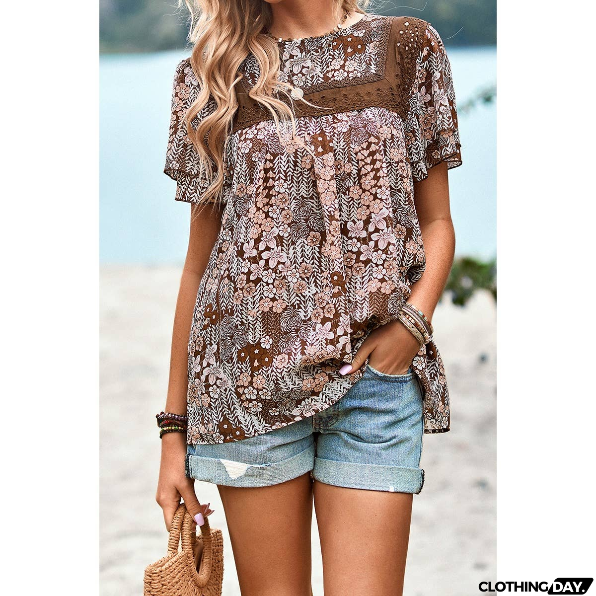 Floral Lace Round Neck Ruffle Loose Fit Top