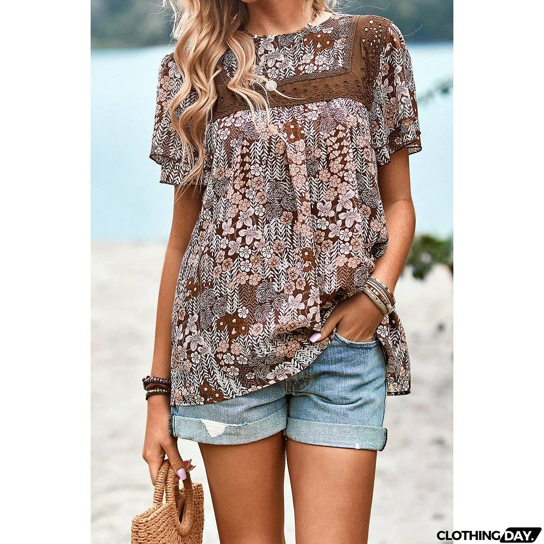 Floral Lace Round Neck Ruffle Loose Fit Top