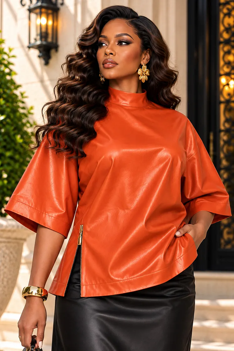 Xpluswear Design Plus Size Daily Orange Stand-Up Collar Half Sleeve Zipper PU Leather T-Shirts [Pre-Order] 2024 - Xpluswear