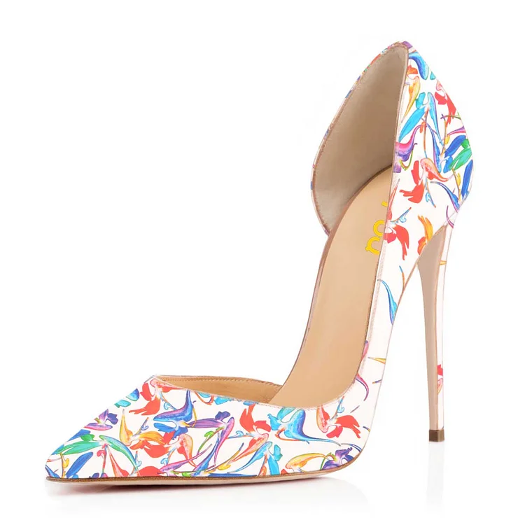 White Floral Heels Pointy Toe D'orsay Pumps Stiletto Heels |FSJ Shoes