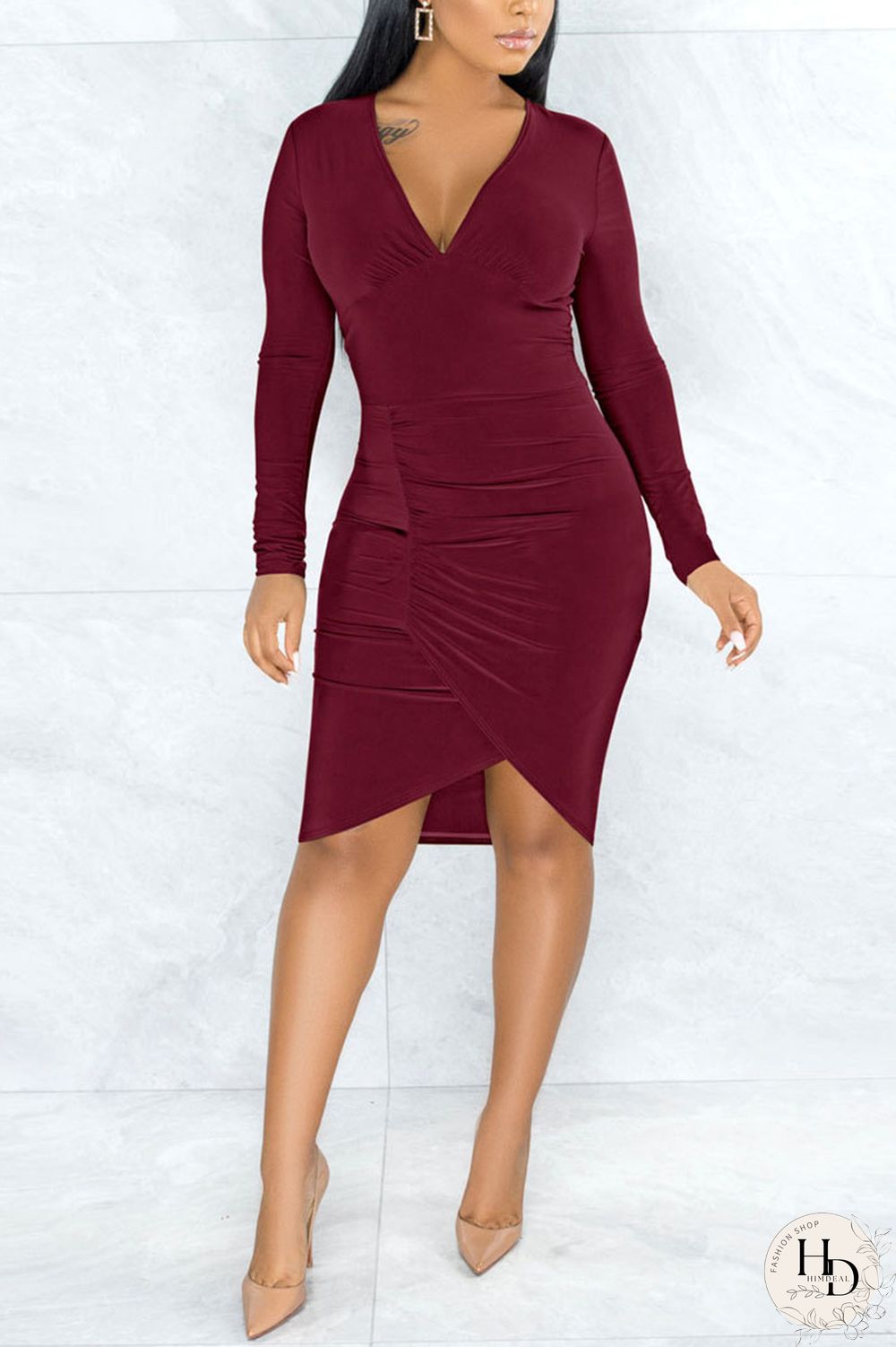 Color Blue Sexy Solid Split Joint V Neck Pencil Skirt Dresses