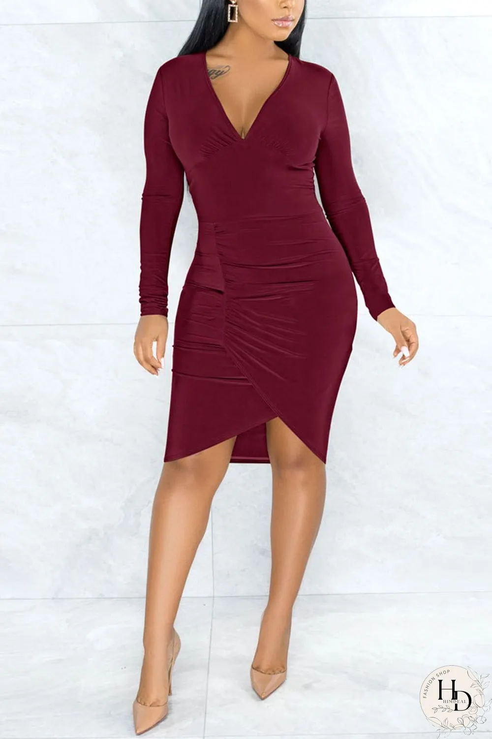 Color Blue Sexy Solid Split Joint V Neck Pencil Skirt Dresses