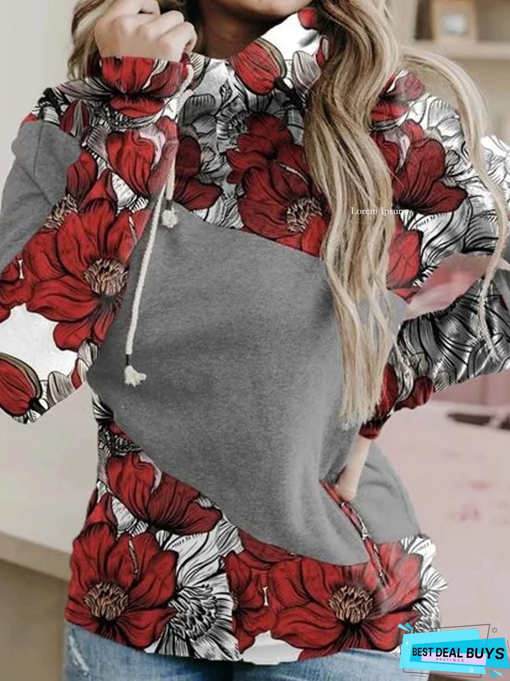 Gray Cotton-Blend Long Sleeve Printed Hoodie Sweatshirt