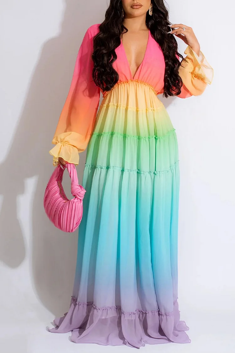 Rainbow Tulle A Line Evening Robe With Long V Neck And Plus Size