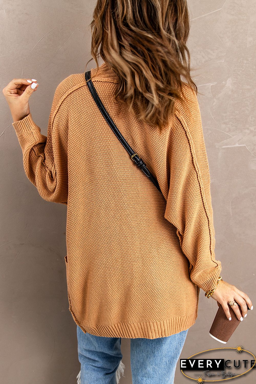 Khaki Open Front Knitted Sweater with Pocket