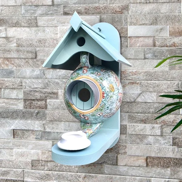 Teal Teapot Bird House and Feeder