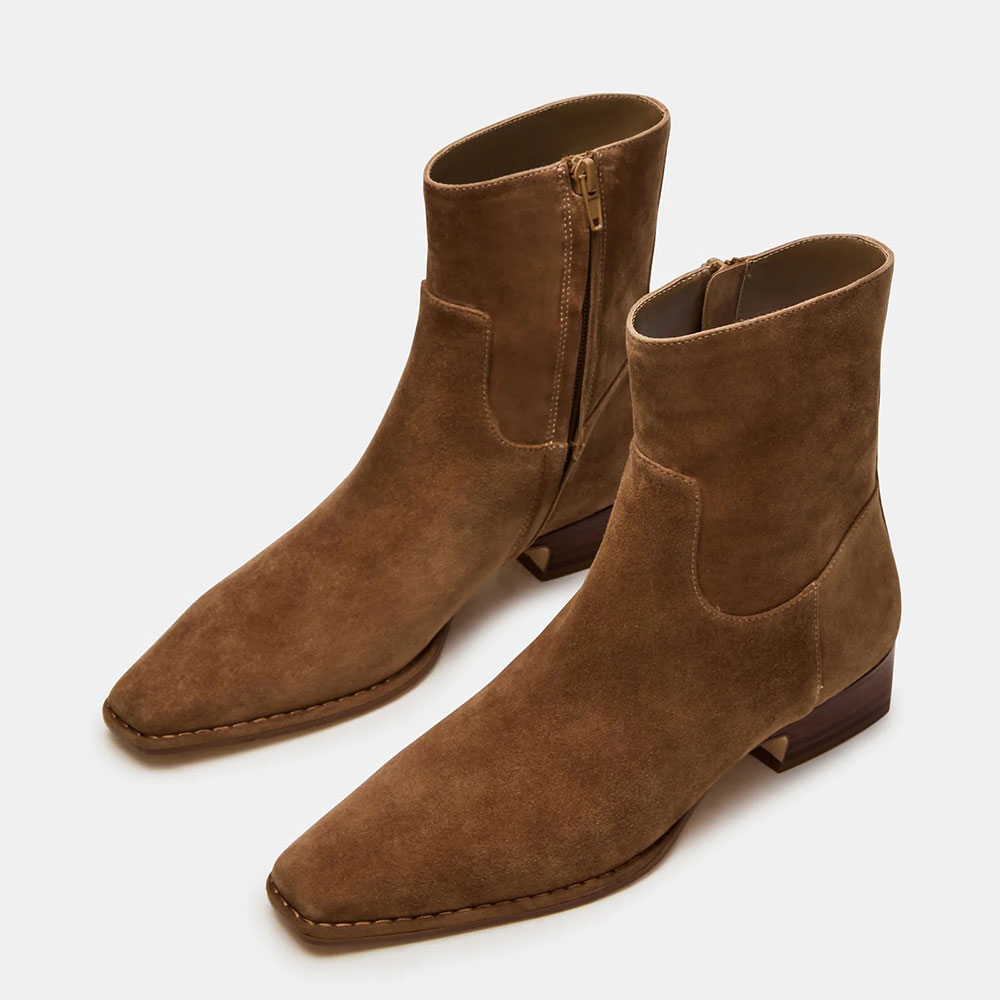 Women's Brown Square Toe Low Block Heel Ankle Boots with Zipper