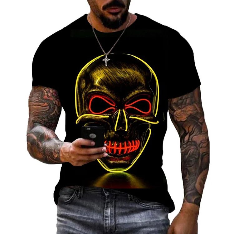 3D Print O-neck Short Sleeve Skeleton Street Hip-hop Shirt Oversized Tops at Hiphopee