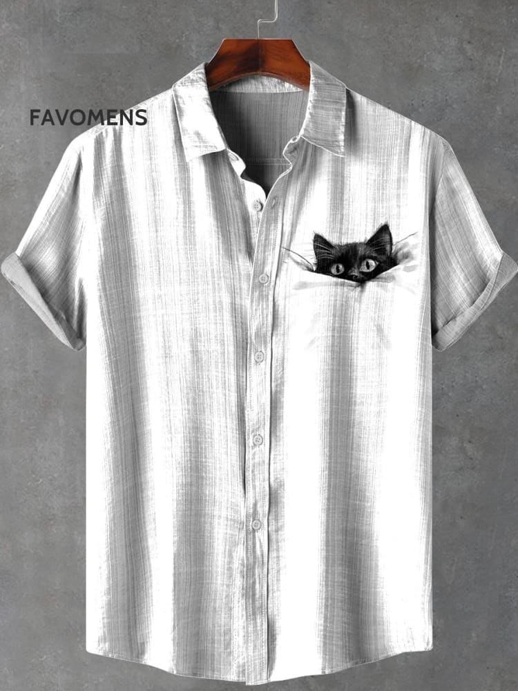 Pocket Black Cat Print Casual 100% Cotton Shirt Multicolor / S