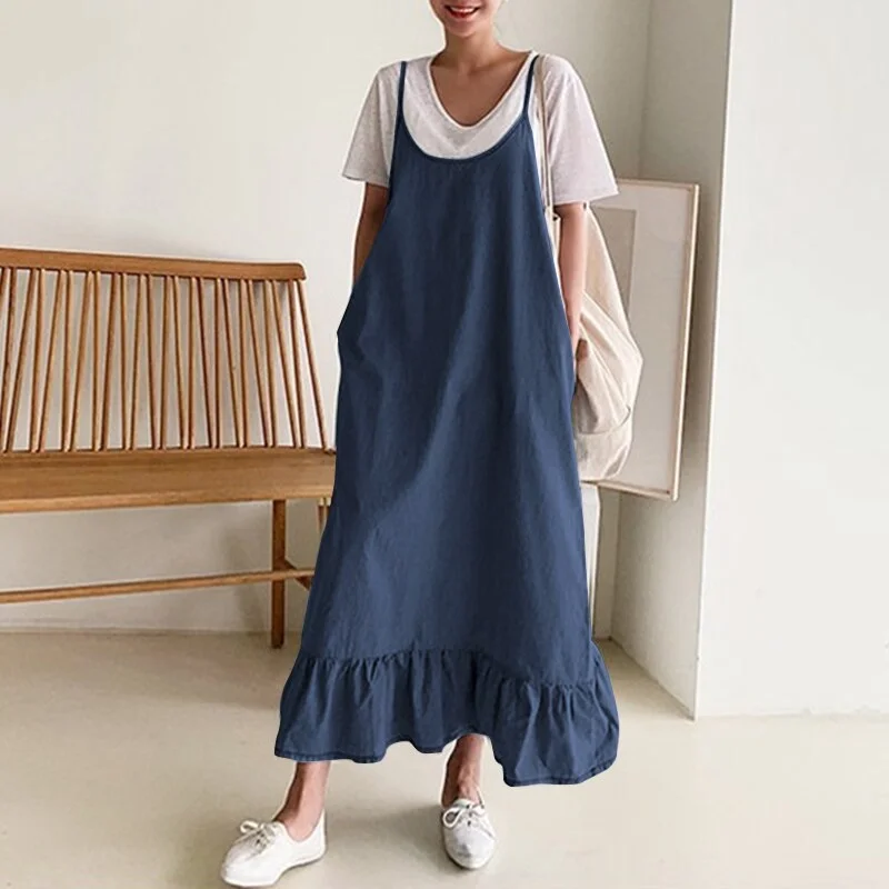 Fashion Denim Blue Ruffle Dress Women's Summer Sundress ZANZEA 2022 Casual Spaghetti Strap Maxi Vestidos Female Solid Robe