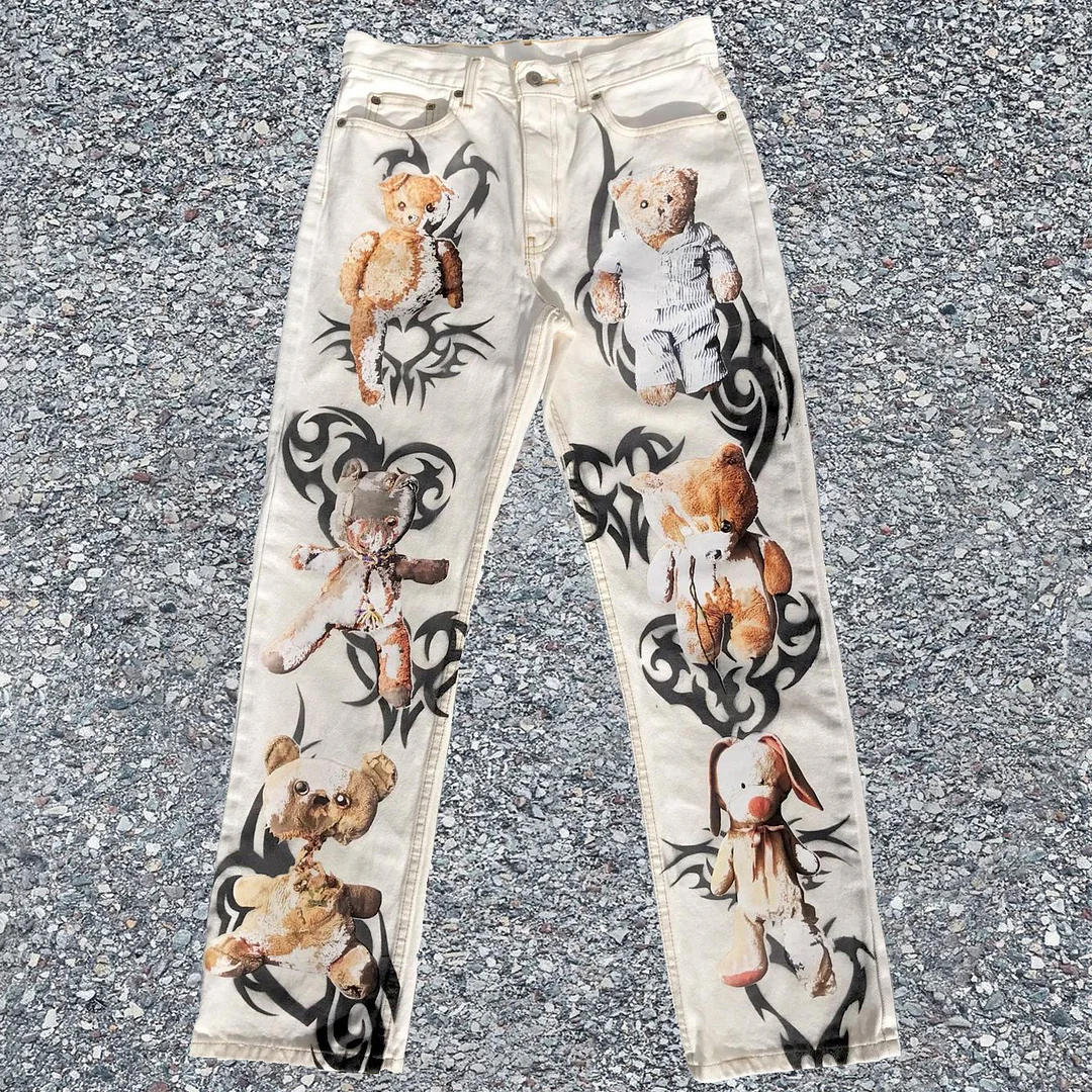 Street vintage bear print jeans