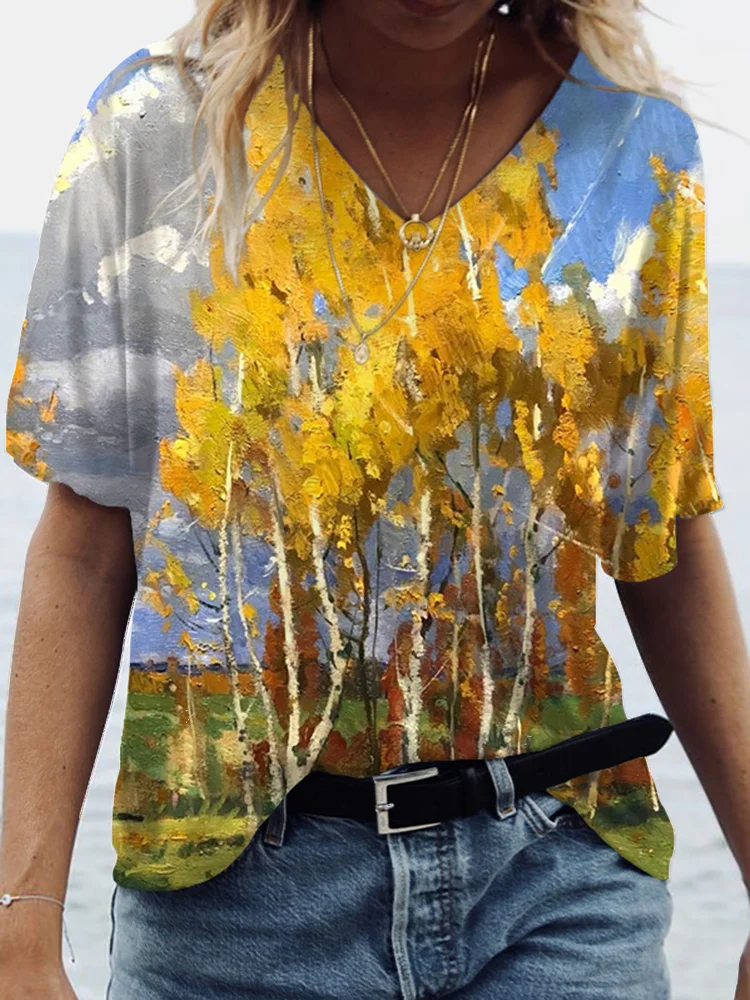 Blooming Trees Painting V Neck T Shirt