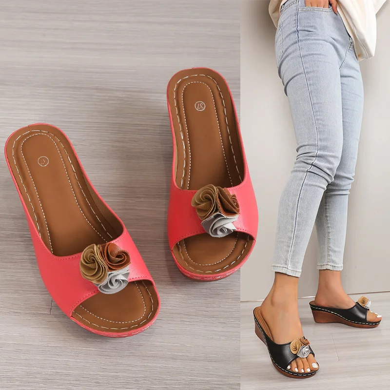 Yyvonne Flowers With Thick Background Slippery Slippers Women 24 Summer New External Slope And Pure Color Cold Slippers